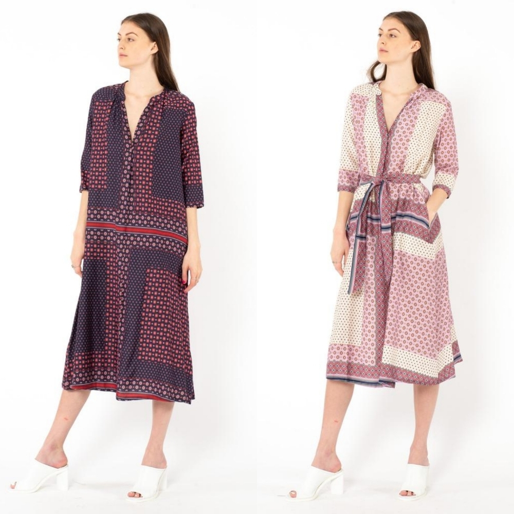 XiRENA Mixed Print Midi Shirt Dress in Navy and Blush